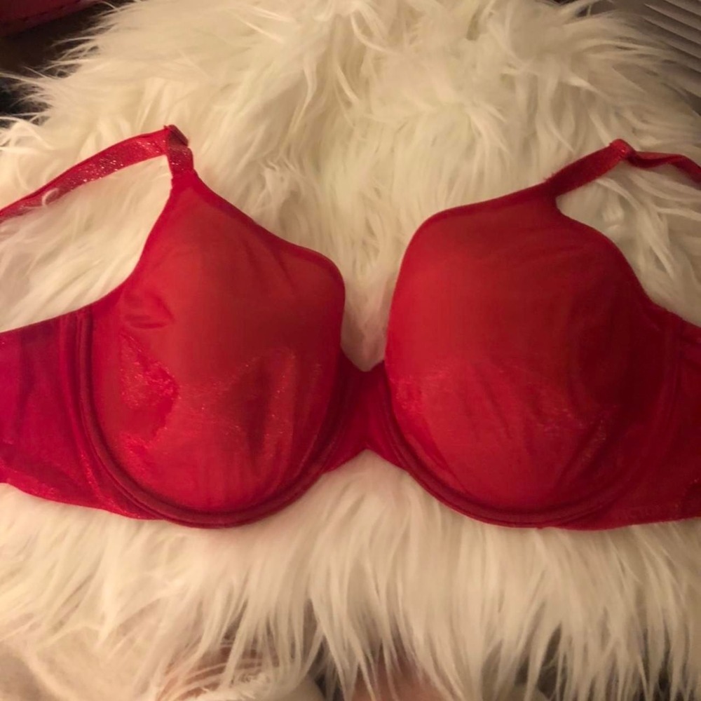 Victoria's Secret Red Shimmer Perfect Coverage Underwire Bra 34DDD Glitter Strap